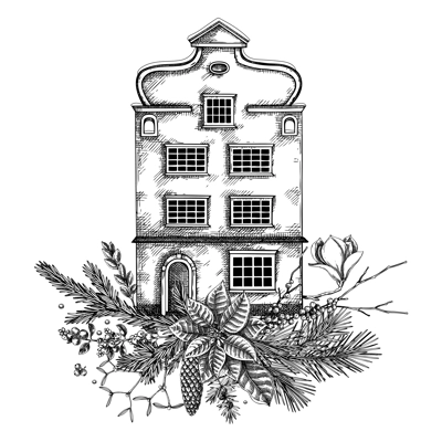 Merry Christmas card design. European architecture sketch. Vintage house drawing. Winter tree hand-drawn vector illustration. Floral backgroud  NOT AI generated